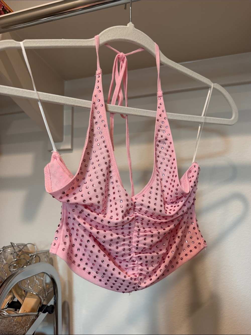 Y2K Pink Rhinestone Halter Crop Top - Women's Intimates